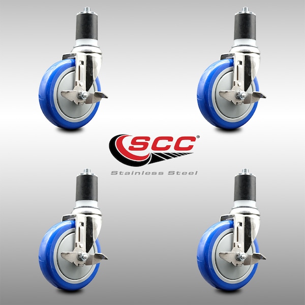 Service Caster 5 Inch 316SS Blue Poly Swivel 1-3/4 Inch Expanding Stem Caster Set Brake SCC SCC-SS316EX20S514-PPUBBLUE-TLB-134-4 - main